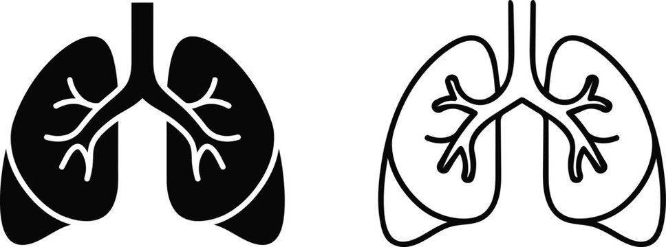 Human Lungs Icon Set, Minimalist Silhouette and Mono-line Outline Medical Vector