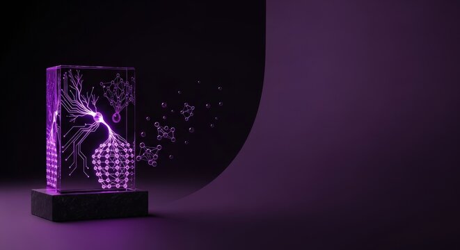Futuristic Violet Glass Synapse and Circuitry Sculpture on Deep Aubergine Background - Conceptual Neural Network, AI, Digital Connectivity Art Installation with Copy Space