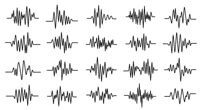 Collection of various waveform graphics and sound patterns.