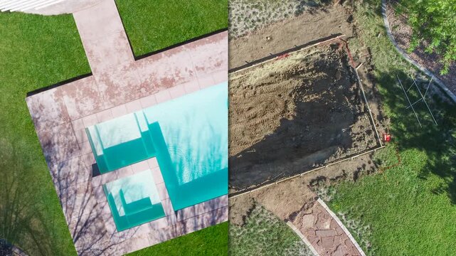 Before-and-After Vertical Reveal of Swimming Pool Construction Transforming into Finished Backyard Oasis