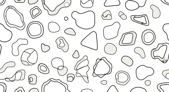 A black and white illustration of various rock shapes and sizes.