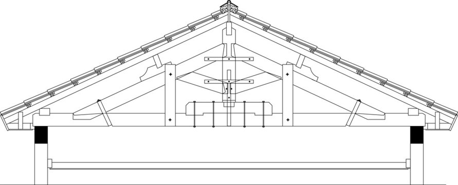 Technical architectural drawing of a gable roof truss structure showing rafters, king post, struts, tie beams, and roof covering in cross-section view.