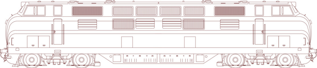 Technical line drawing of a diesel locomotive side elevation showing windows, ventilation grilles, doors, wheels, and mechanical details in blueprint style. © Riki