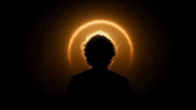 Person silhouette with curly hair, backlit by a golden halo on a dark background, ideal for spiritual awakening, personal growth and conceptual projects.