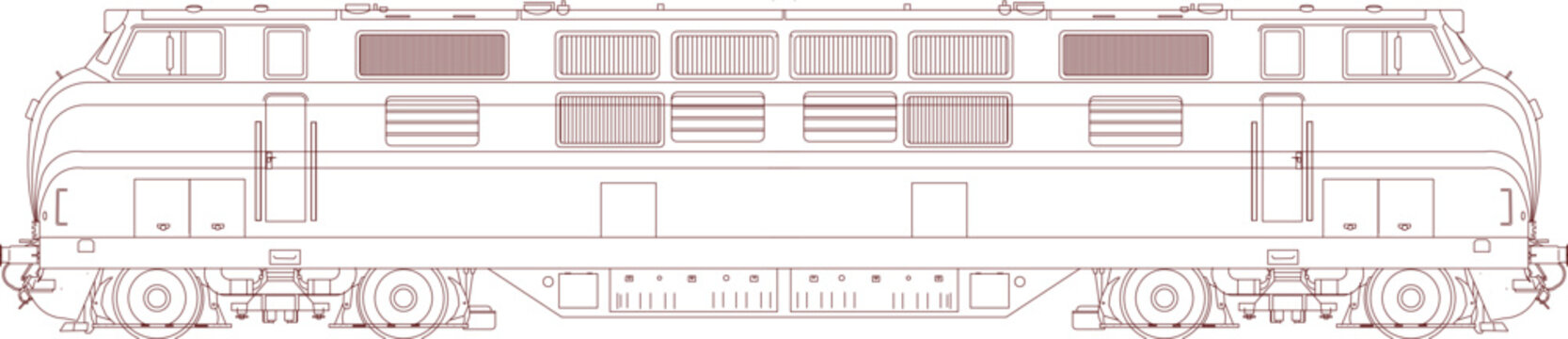 Technical line drawing of a diesel locomotive side elevation showing windows, ventilation grilles, doors, wheels, and mechanical details in blueprint style.