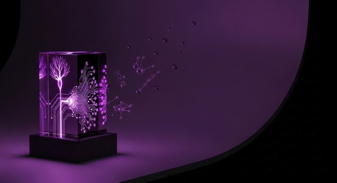Futuristic Violet Glass Synapse and Circuitry Sculpture on Deep Aubergine Background - Conceptual Neural Network, AI, Digital Connectivity Art Installation with Copy Space