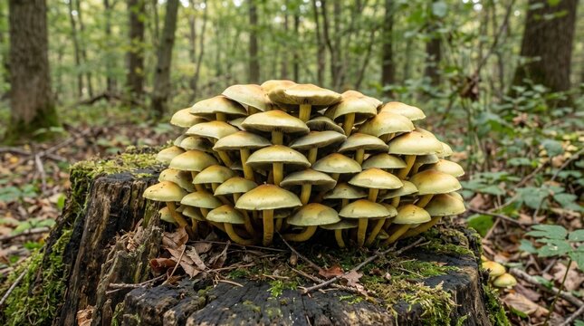 Hypholoma Fasciculare Sulphur Tuft Mushrooms On Stump. A dense cluster of Hypholoma fasciculare, commonly known as the sulphur tuft, growing on a decaying mossy tree stump in a deciduous forest during