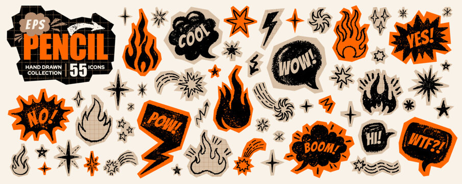 Сomic boom fire star wow explosion effect. Grafitti text collage of splash boom flame. Doodle burst element, bubble cloud art. Cutout grunge crayon sticker onomatopoeia bg. Y2k comic cartoon icon set