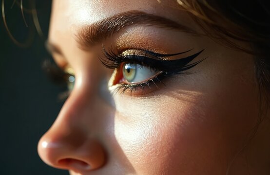 Close-up side profile of woman eye with dramatic winged eyeliner and gold eyeshadow. Perfect makeup application shows sharp lines and defined lashes. Natural light highlights skin texture.