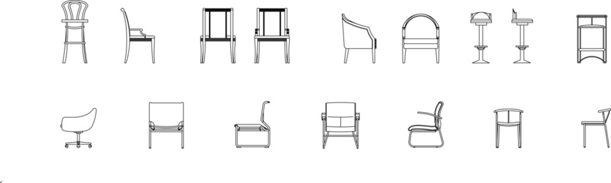 Technical line drawings of various chair designs including dining chairs, bar stools, armchairs, and swivel chairs shown in elevation view.