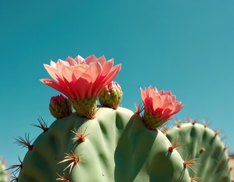 Prickly pear cactus blooms with vibrant pink flowers against clear blue sky. Spiky green pads show new growth in summer sun. Natural desert flora detail.