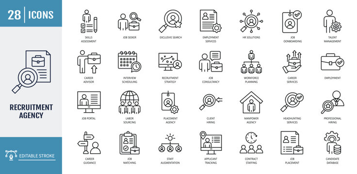 recruitment agency icon set. Icons related to interview scheduling, candidate vetting, staff augmentation, applicant tracking. Outline icon set. Vector illustration with editable stroke