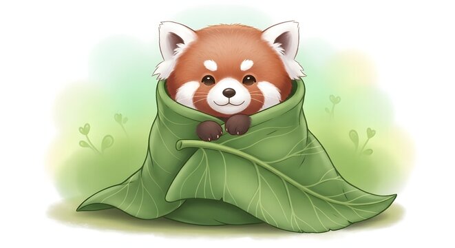 Cute red panda wrapped in a green leaf on white background looking happy and adorable with big eyes