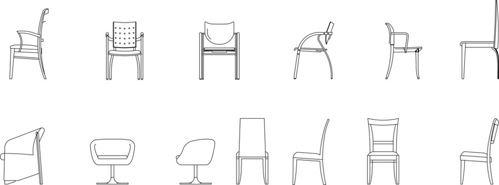 Technical line drawings of various chair designs including armchairs, side chairs, swivel chairs, and dining chairs with different back styles and bases.