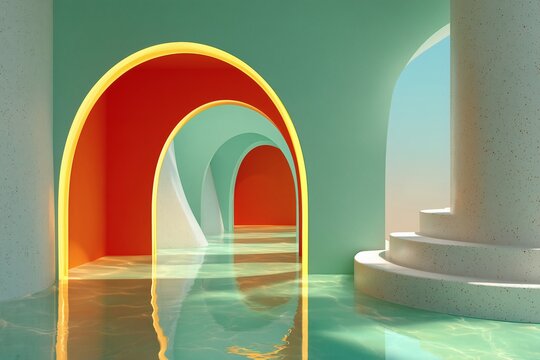 Vibrant Arches and Reflective Pool in a Modern Architectural Space