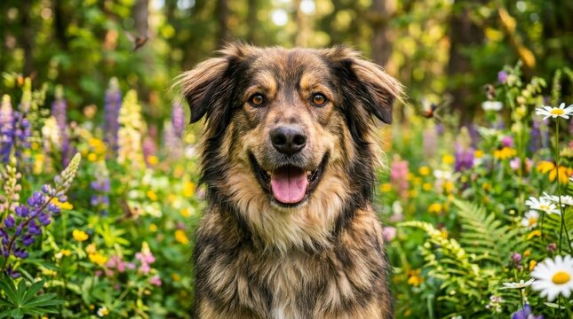 Happy brown and black dog smiling in blooming wildflower meadow under sunlight