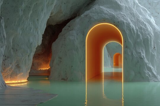 Abstract Cave with Glowing Arches and Reflective Water, Ethereal Atmosphere
