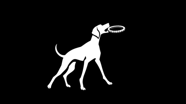 Dynamic white dog silhouette catching a frisbee on black background, graphic vector illustration of a playful pet.