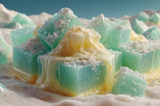 Abstract Sweet Treat Cubes Melt with Frosting on Powdered Snow Ground