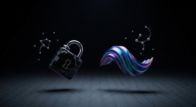 Minimalist Obsidian Padlock and Iridium Wave Icons Floating on Hexagonal Vantablack &ndash; Conceptual Quantum Security, Wave-Particle Duality, and Future Data Encryption Still Life