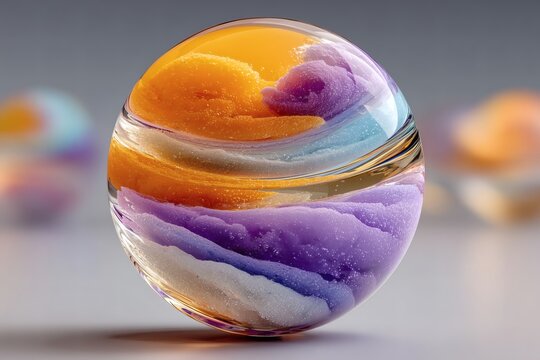 Abstract Swirls in Glass Orb with Vibrant Orange and Purple Hues