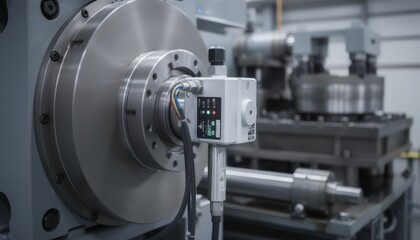 Fototapeta premium Medium shot focusing on torque monitoring system on cold header press providing live feedback for improved control and die wear alerts to prevent breakdowns.