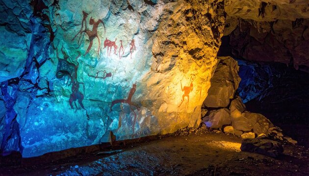 Ancient Muisca Pictographs on a Vividly Lit Cave Wall, Colombia, Representing Indigenous History and Culture.