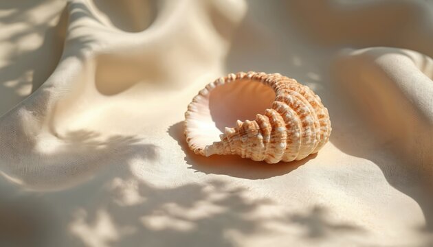 Seashell rests on draped beige fabric. Soft sunlight creates shadows of palm leaves on the textured surface. Calm, natural, minimalist aesthetic evokes beach vibes.