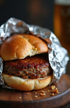 German meatloaf sandwich in a bun, wrapped in foil. Served on a wooden board with a blurred beer in background. Hearty meal, convenient takeaway food.