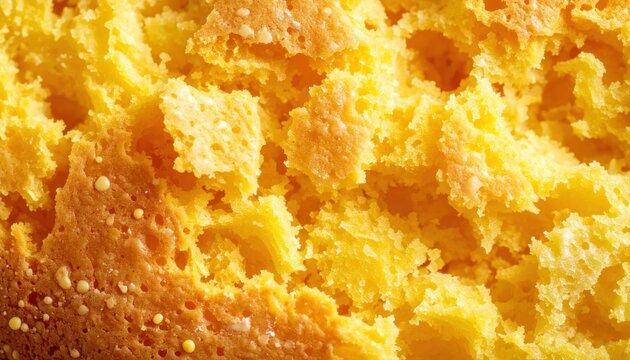 Close-up Macro Texture of Golden Yellow Sponge Cake Crumbs.