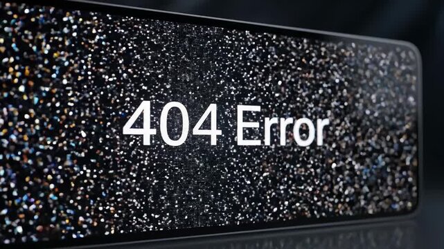 This depicts a 404 error message on a smartphone screen with a dark background and colorful glitch effects, highlighting technical difficulties and digital problems in a futuristic and modern context.