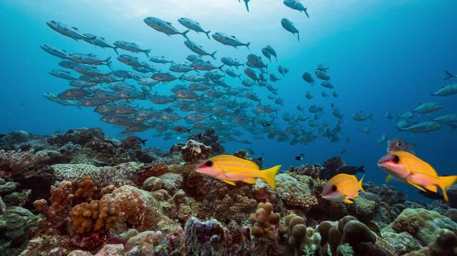 Static underwater shot of large school of silver fish swimming in current above a coral reef	