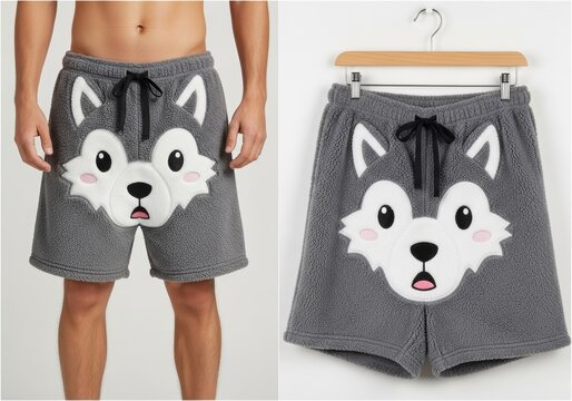 Man wearing fuzzy grey shorts with cute wolf face applique. Cozy loungewear for sleep and home relaxation. Funny character apparel for pajama party. Soft textile homewear clothing design.