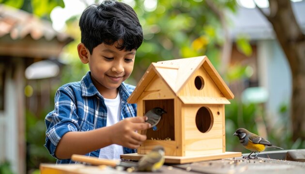 A Gentle Encounter: Smiling Boy in Plaid Shirt Watches Birds at a Wooden Birdhouse