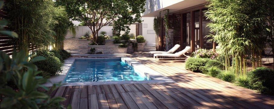 Luxury outdoor oasis with pool, deck, bamboo, greenery, and lounge chairs. Relaxing and modern