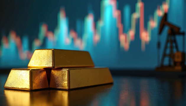 Gold bars rest on reflective surface. Blurred background shows stock market chart and oil pump jack rig. Symbolizes wealth and energy industry.