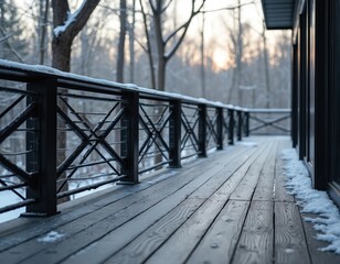 Obraz premium Dark composite deck with X-design railing overlooks winter woodland. Snow covers ground and structure edges. Trees and setting sun visible through railing pattern.
