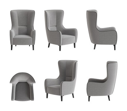 Modern upholstered high-back armchair in minimalist style, multiple views. 3d render
