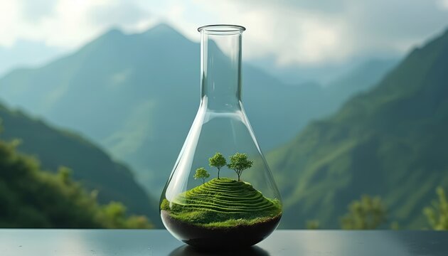 Miniature green landscape with trees in laboratory flask. Terrarium shows nature inside glass bottle against mountain background. Science experiments promote ecology and conservation.
