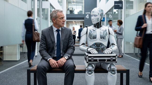 Artificial intelligence robot job interview against a human candidate, career, job search, ai