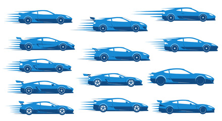 Set of blue sports car silhouettes with speed motion lines on white background © Mr