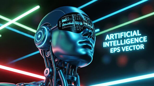Futuristic ai head displaying data in neon lights and digital render