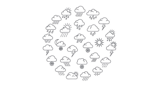 Collection of weather forecast icons in a circle on a white background