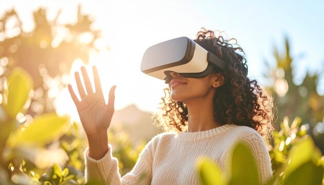 Golden Hour Immersion: Woman with VR Headset Touching a Virtual World Outdoors
