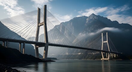 Obraz premium Modern cable-stayed bridge over calm fjord with mountain backdrop at dusk