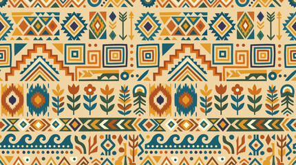 Colorful geometric tribal textile pattern with floral and aztec motifs. © Auhaz