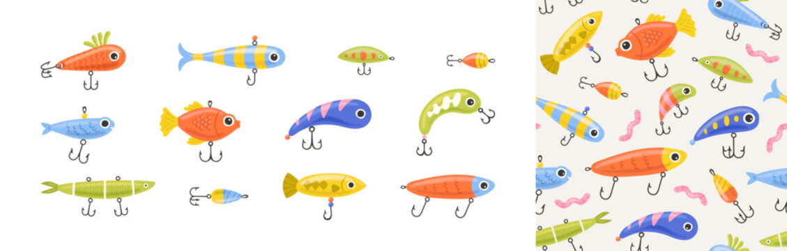Colorful fish lure seamless pattern set. Summer background design. Vacation travel concept. Fishing activity bait cartoon backdrop illustration.