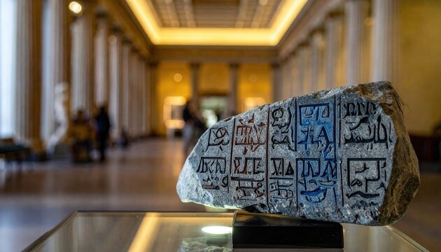 A detailed replica of the Rosetta Stone displaying demotic, hieroglyphic, and Greek scripts side-by-side in a museum exhibit.