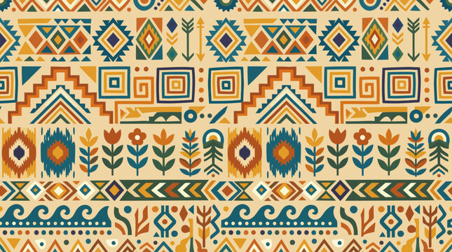 Colorful geometric tribal textile pattern with floral and aztec motifs.
