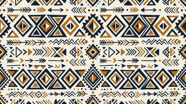 Seamless geometric tribal textile pattern with diamond and arrow motifs.